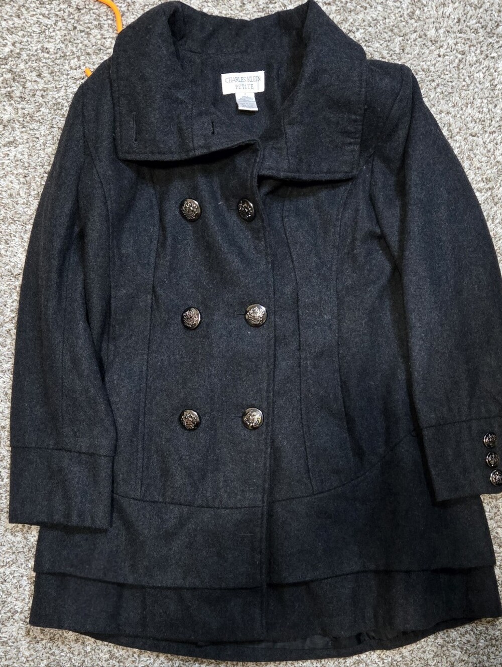Vintage Charles Klein Women's Dark Grey Double Breasted Wool Coat Petite Medium